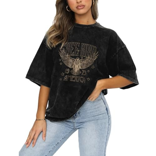 KEKEMI Vintage Rock Band Tshirts Women Retro Free Bird Western Graphic Tees Country Music Shirts Casual Short Sleeve Tops(Black-104,Medium) | Amazon (US)