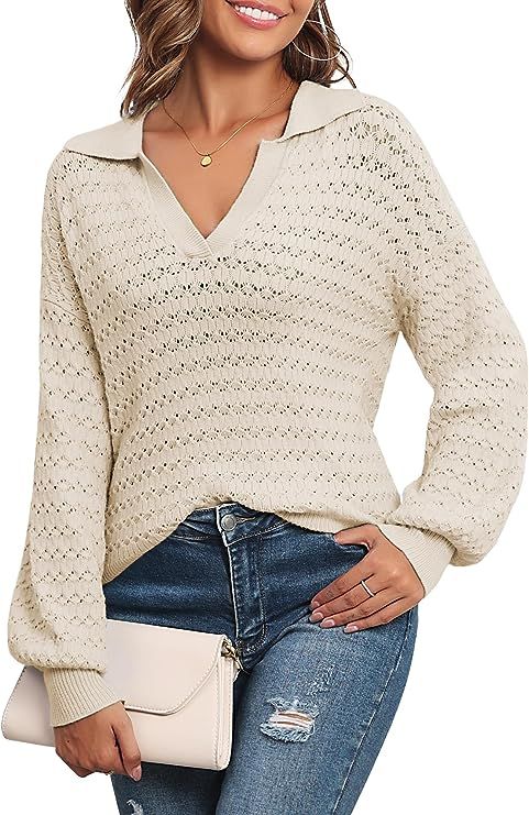 ZAFUL Women's Lapel Collar Sweater V Neck Lantern Sleeve Hollow Out Knit Polo Pullover Crochet Sw... | Amazon (US)