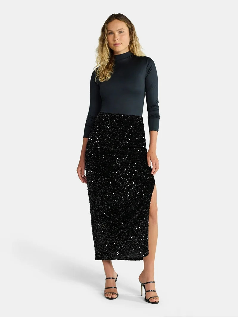 Madden NYC Women's Sequin Velour Maxi Skirt, Sizes XXS-XXL | Walmart (US)