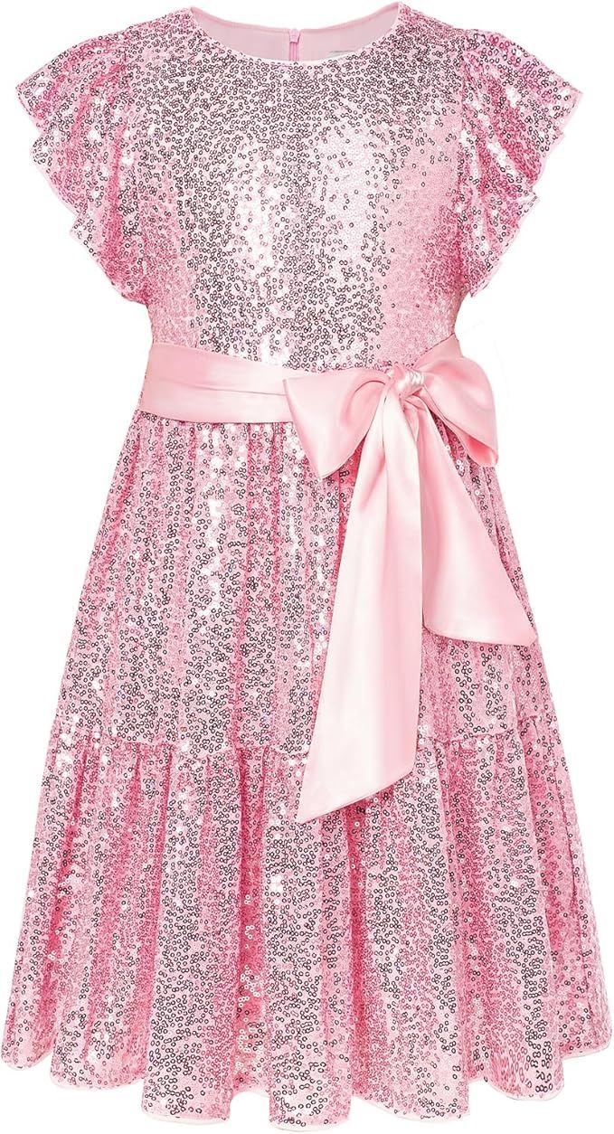 GRACE KARIN Girl Sequin Dress Ruffle Sleeve A-Line Holiday Party Dress 5-12Years | Amazon (US)