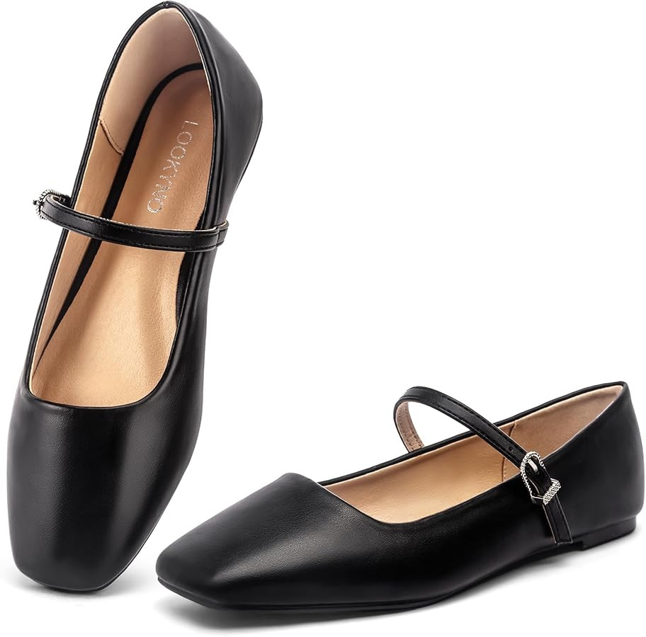 Womens Ballet Mary Jane Flats Shoes Adjustable Strap Square Closed Toe Chic Footwear with Latex I... | Amazon (US)