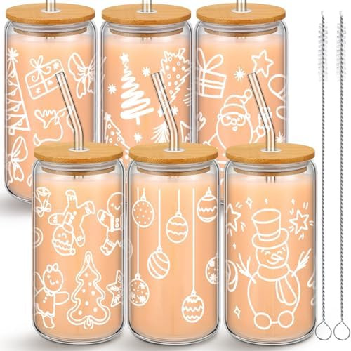 Layhit 6 Pcs Christmas Mason Jar with Lid and Straw 16 oz Glass Tumbler Mugs Iced Coffee Cup for ... | Amazon (US)