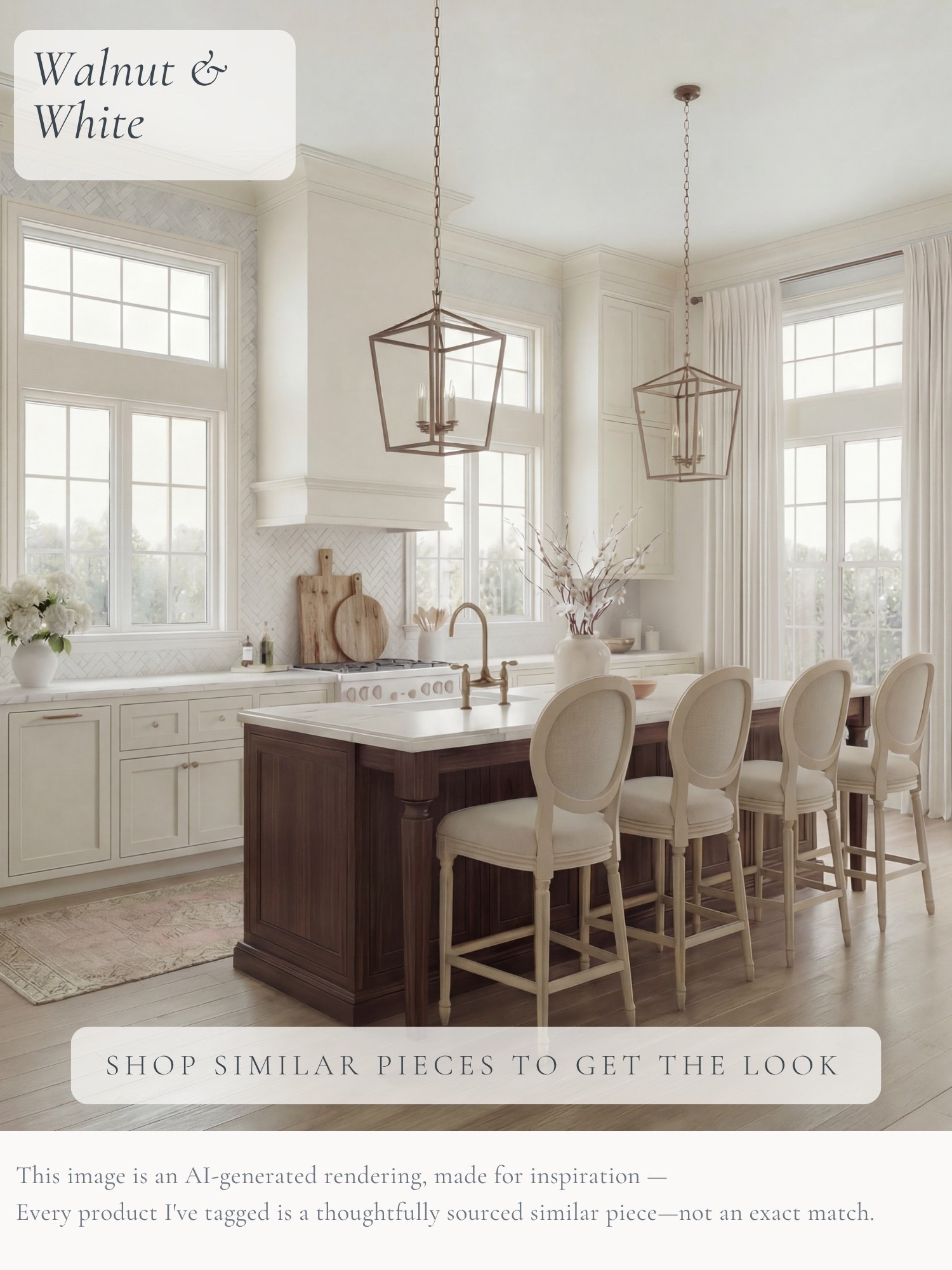 Walnut & White 🤍 A light-filled kitchen with warm walnut, creamy cabinetry, oversized lanterns, and just enough softness from the linen drapery and faded runner. I love how the darker island anchors all that white without taking away from how bright and airy the room feels.

I’ve tagged thoughtfully sourced similar pieces to help you get the look at home.

AI-generated design concept for inspiration • Tagged products are thoughtfully sourced similar pieces, not exact matches • Affiliate links may be used. As an Amazon Associate, I earn from qualifying purchases.

#LTKHome