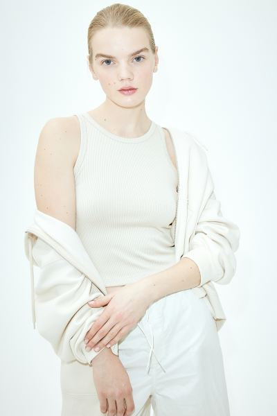 Ribbed Tank Top - Round Neck - Sleeveless - Light beige - Ladies | H&M US | H&M (US + CA)
