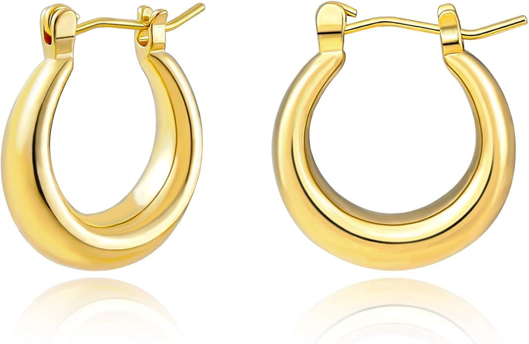 14K Gold Plated Chunky Hoop Earrings for Women Small Gold Hoop Earrings Chunky Hypoallergenic Cut... | Amazon (US)
