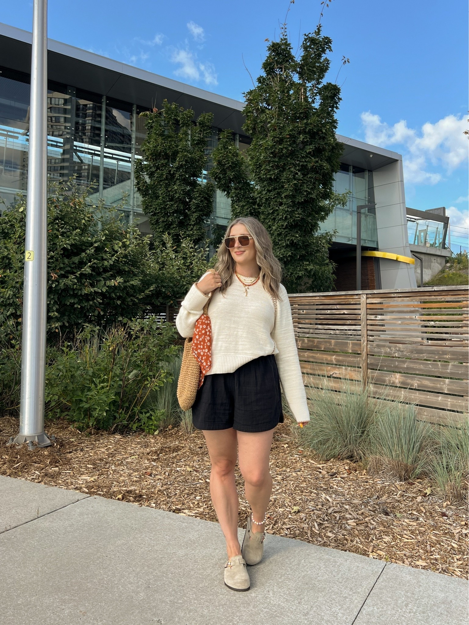 Easy summer to fall transitional outfit! Wearing L in the 100% cotton sweater. Shorts are old, linked similar. I’m a 9.5-10 shoe and wear a 40 in the Birkenstock clogs

#LTKsummer #LTKfall #LTKsale