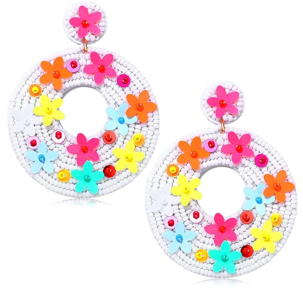 Beaded Statement Earring-Handmade Posy Drop Hoop Earrings- Applique Flowers Beaded Drop Earrings-... | Amazon (US)