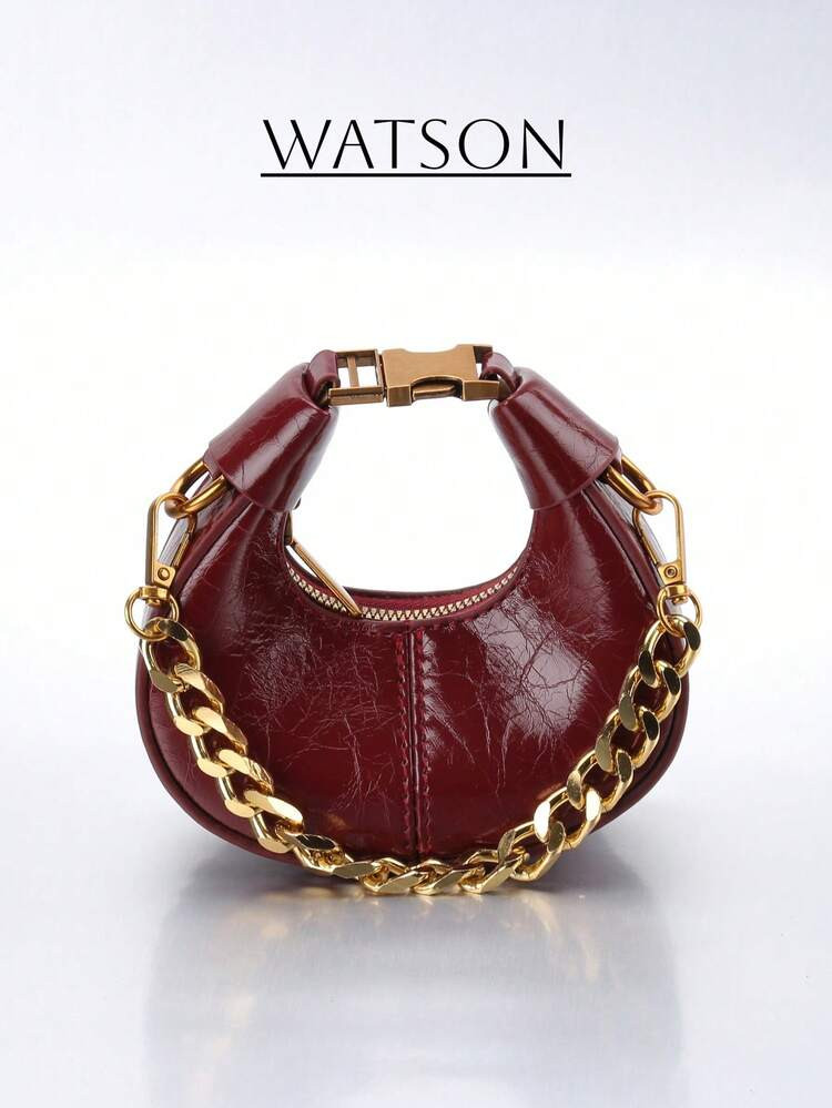 Women's Crescent Shaped Crossbody Bag, Mini Clutch Purse, Vintage Elegant Metal Chain Shoulder Bag, Wine Red | SHEIN