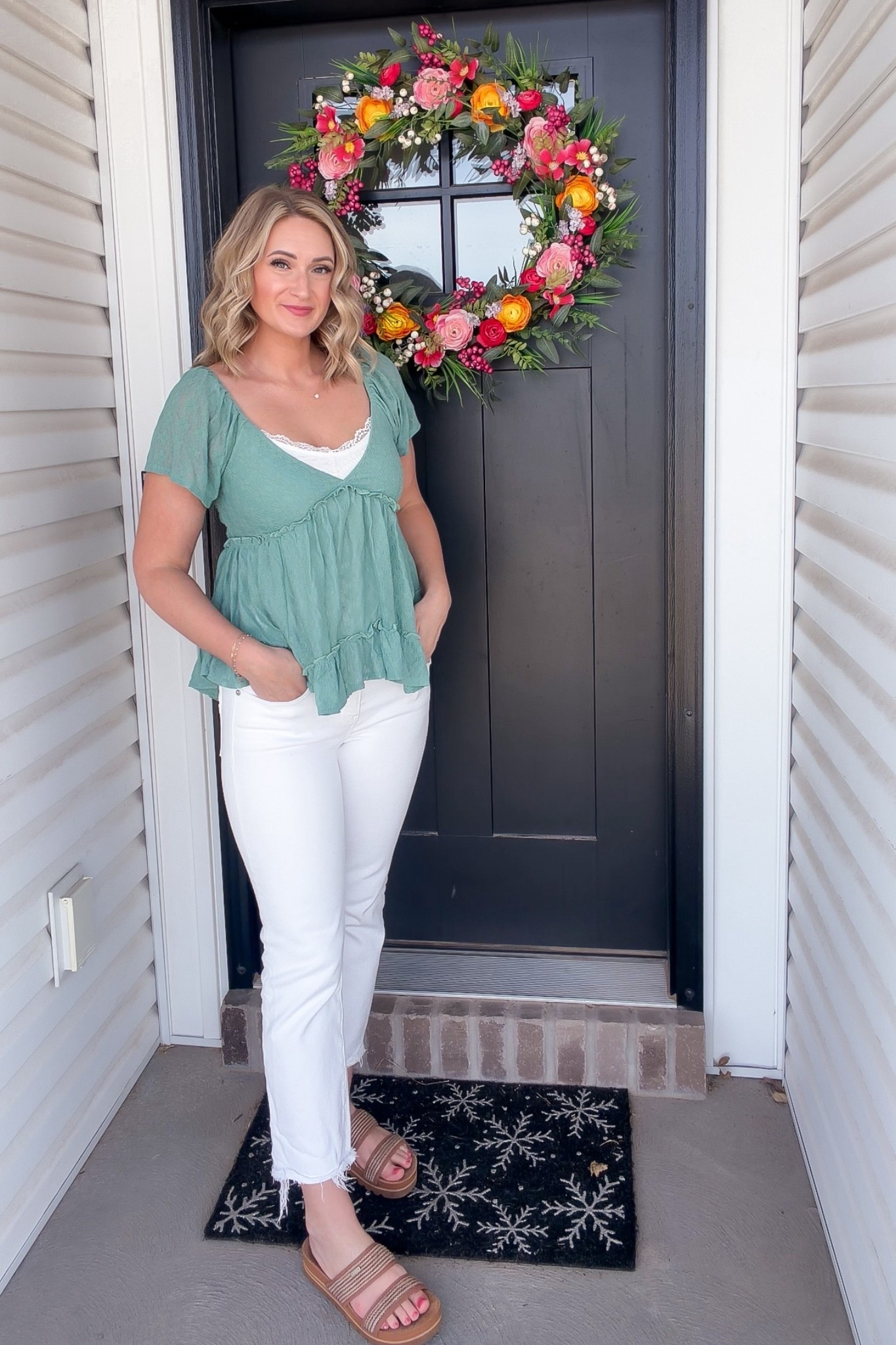 Spring mom outfit that’s comfy, flattering, and easy to recreate. This flowy green top is bump friendly, mom friendly, and lightweight for warmer days. Paired with white straight jeans and neutral slides for an everyday look you can wear to school drop off, errands, or lunch.

I’m 32, 5’10, wearing a size medium in the top and my usual in the jeans. Everything fits true to size. The top is loose and forgiving, the jeans have just enough stretch, and the sandals are super comfortable for all day.

Perfect if you like:
• casual but put together outfits
• flattering tops that aren’t tight
• mom friendly style
• spring and summer neutrals
• affordable everyday looks

#ltkstyle #ltkunder50 #ltkcasual #momstyle #momoutfit #everydaystyle #springoutfit #casualoutfit #easyoutfit #whitejeans #momuniform #effortlessstyle #outfitideas #realmomstyle #millennialmom #over30style #comfortablefashion #schooldropoffstyle #springmomstyle

#LTKmomlife #LTKootd #LTKTall