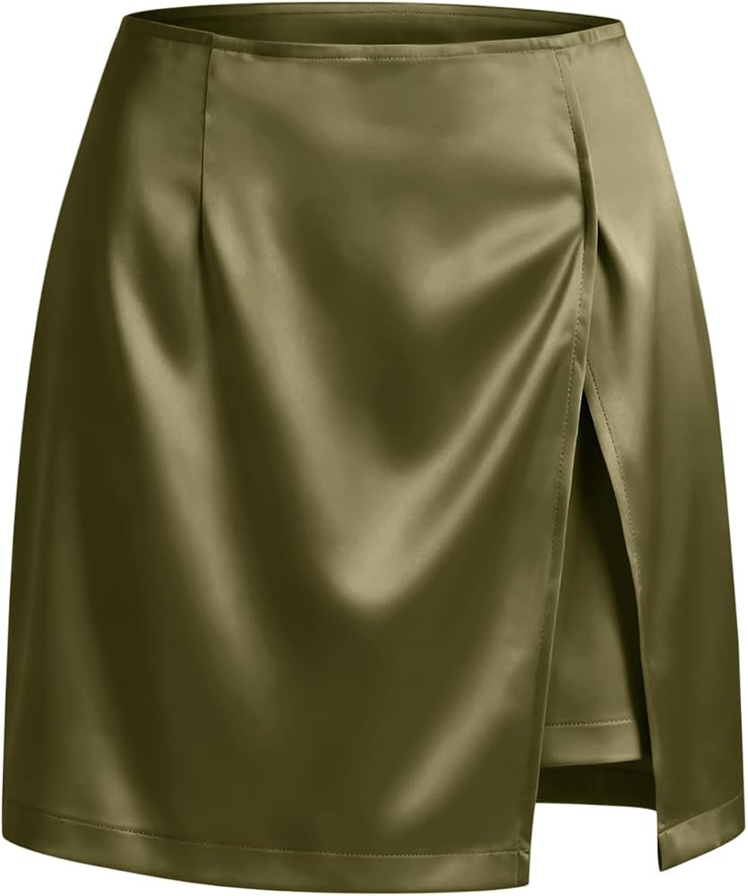 Cicy Bell Womens Satin Mini Skirt High Waist Side Slit Work Casual Skirts | Amazon (US)