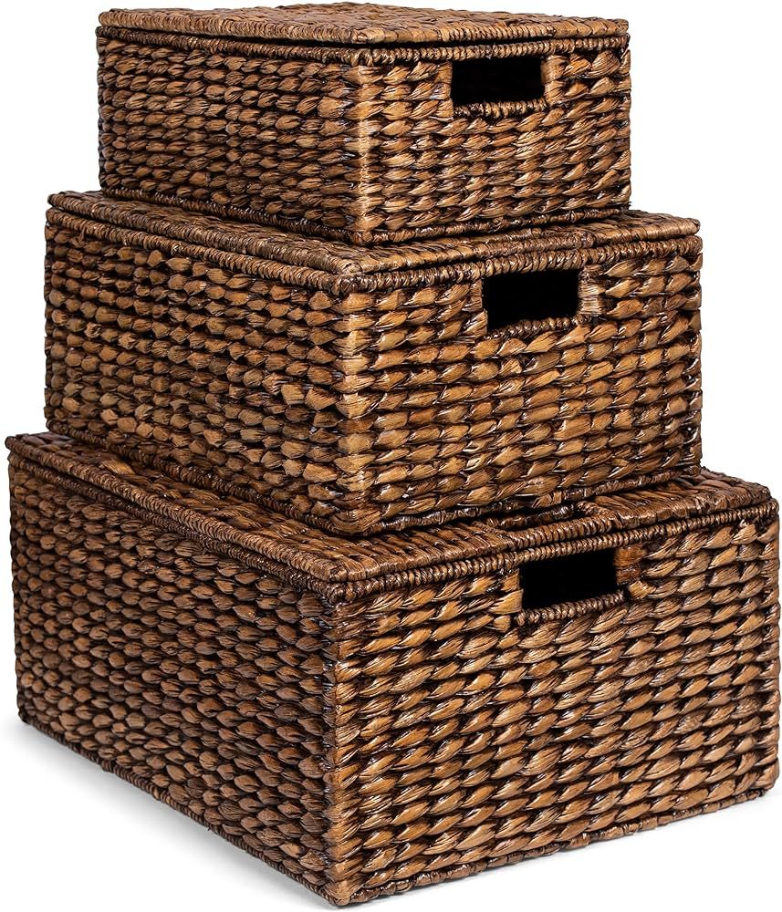 BIRDROCK HOME Seagrass Floor Baskets with Lids - Set of 3 - Brown Wash - Hand Woven Container for... | Amazon (US)