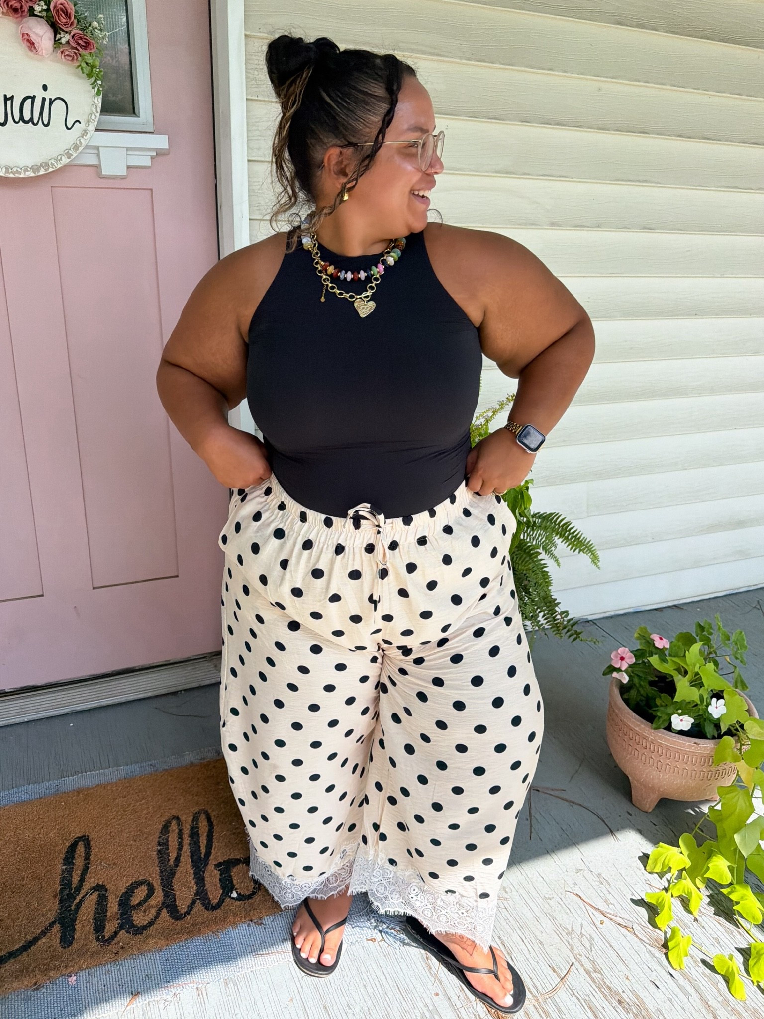 Casual outfit Inspo - polka dot pants with lace trim wearing the XXL

#LTKSaleAlert #LTKPlusSize #LTKPetite