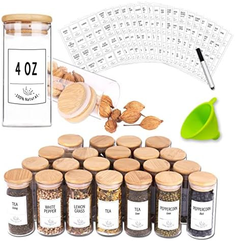 24 Glass Spice Jars with Bamboo Airtight Lids, 400 Spice Labels, Funnel and Chalk Marker Set- Chu... | Amazon (US)