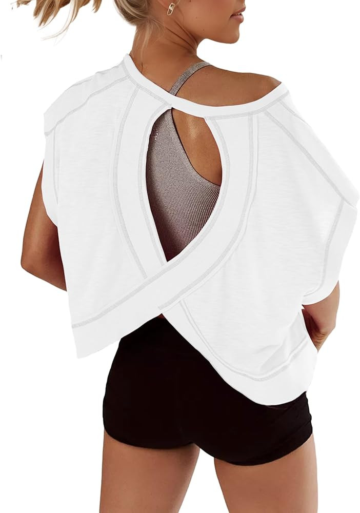 Open Back Tops for Women Oversized Short Sleeve Workout T Shirts Backless Y2k Athletic Crop Runni... | Amazon (US)