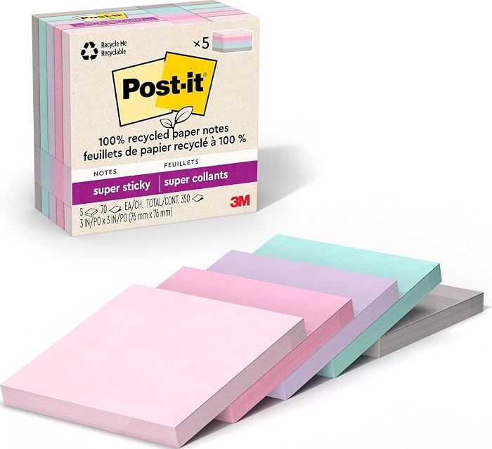 Post-it 100% Recycled Super Sticky Notes, 3 x 3 in, Pastels, 5 Pads | Amazon (US)