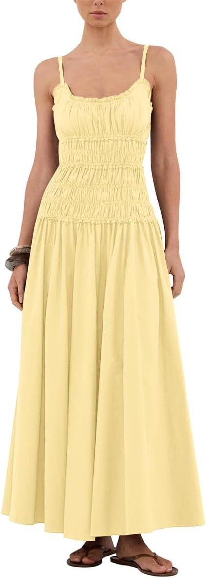 Women's Summer Dresses 2026 Spaghetti Strap Maxi Dress Scoop Neck Ruffle Ruched Flowy Beach Vacat... | Amazon (US)