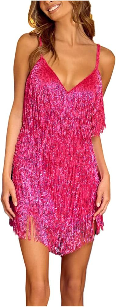 Women's Sequin Fringe Dress Solid Color Sleeveless Sling Tassel Style Dress, S-XL | Amazon (US)