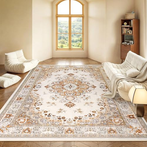 HOMORE Vintage Area Rug for Living Room, Machine Washable Rug Non Slip Low Pile Large Rug for Living Room, Bedroom, Farmhouse, Dining Room, 9x11 Feet, Beige | Amazon (US)