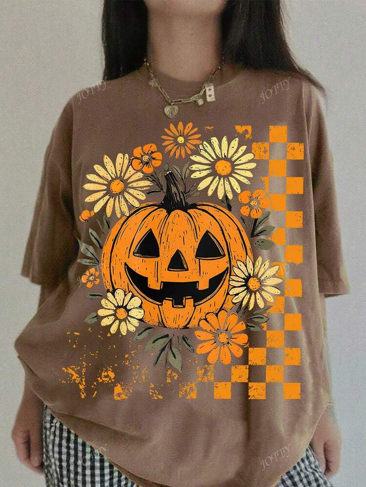 Halloween Pumpkin Devil Vintage Style T-Shirt, Nightmare Before Christmas Themed, Oversized Loose Fit Round Neck Short Sleeve Tee For Women | SHEIN