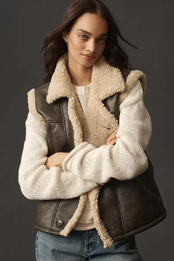 By Anthropologie Faux Leather Sherpa Fleece-Lined Vest | Anthropologie (US)