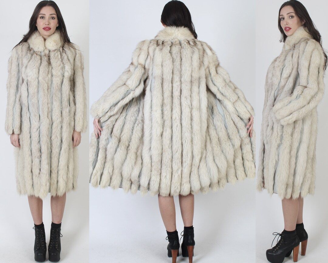 Mid Length Ivory Fox Coat / Long Striped Real Fur Overcoat / Leather Corded Inlay Paneling / 80s ... | Etsy (US)
