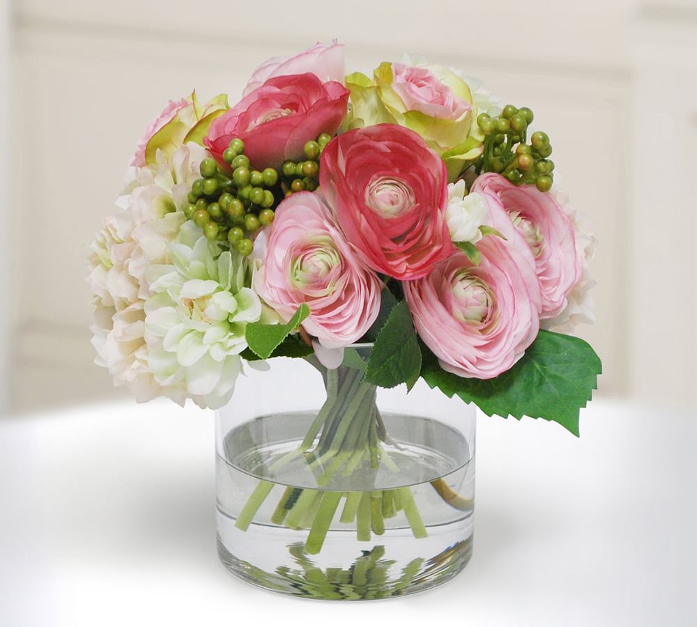 Faux Rose and Hydrangea in Cylinder Vase | Pottery Barn (US)
