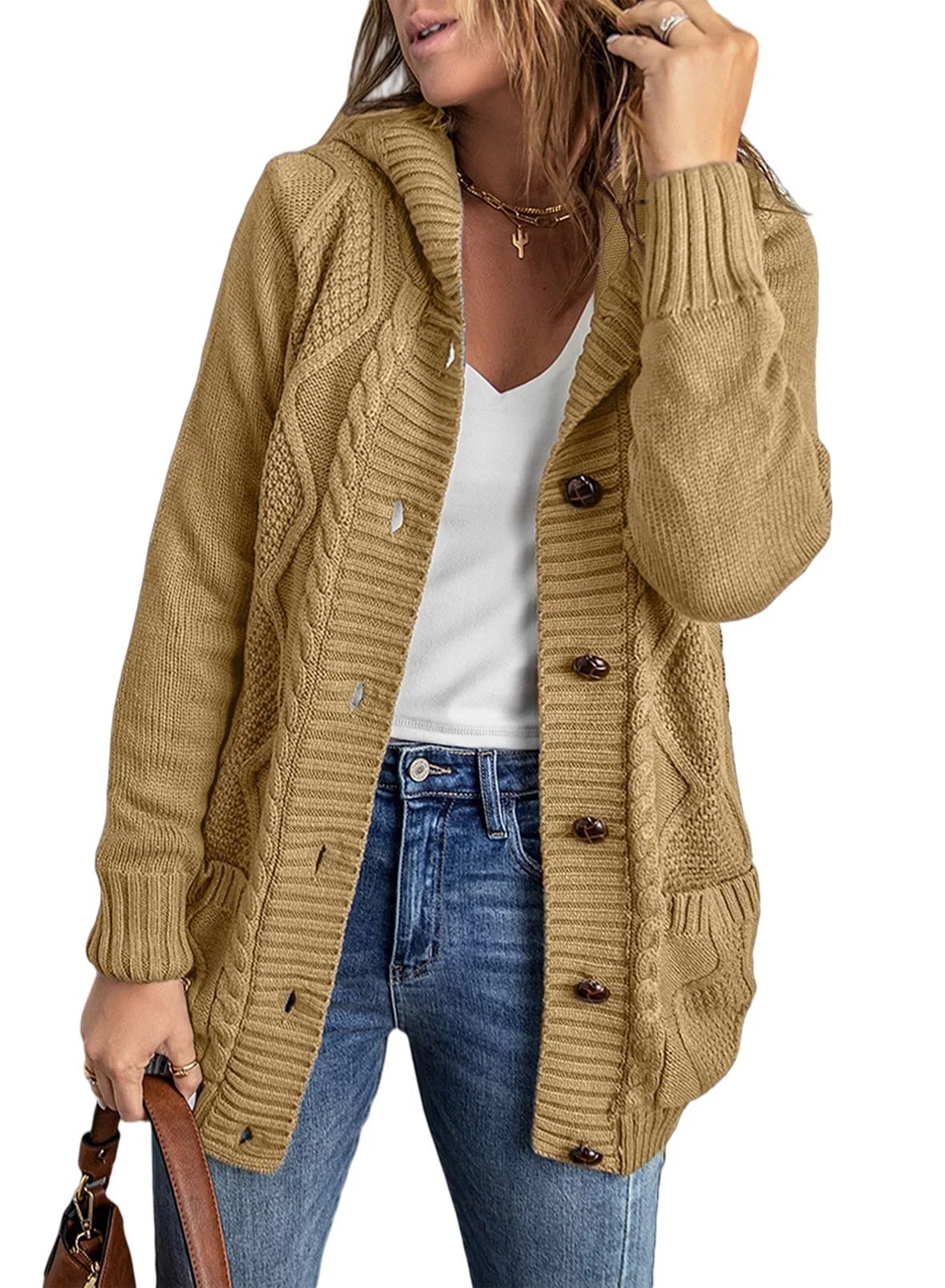 Eytino Hooded Cardigan Sweaters for Women Long Sleeve Button Down Knit Sweater Coat Outwear with ... | Walmart (US)