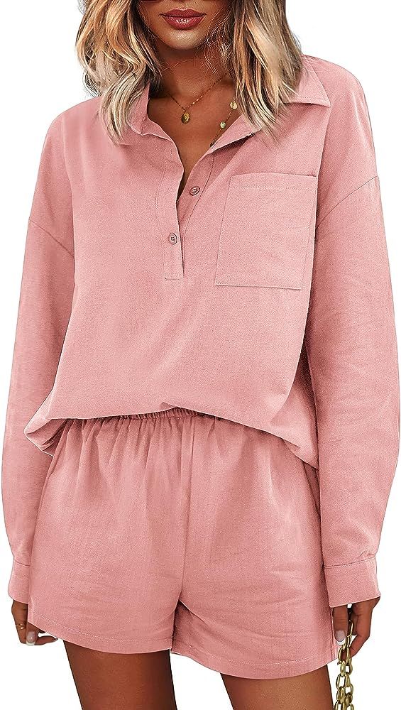 Zeagoo Womens 2 Piece Outfits Lounge Sets Cotton Linen Long Sleeve V-Neck Shirt and Mini Shorts W... | Amazon (US)