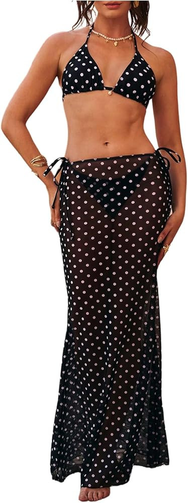 WDIRARA Women's 3 Piece Bikini Sets Polka Dots Triangle Halter Swimsuit with Cover Up Skirt | Amazon (US)