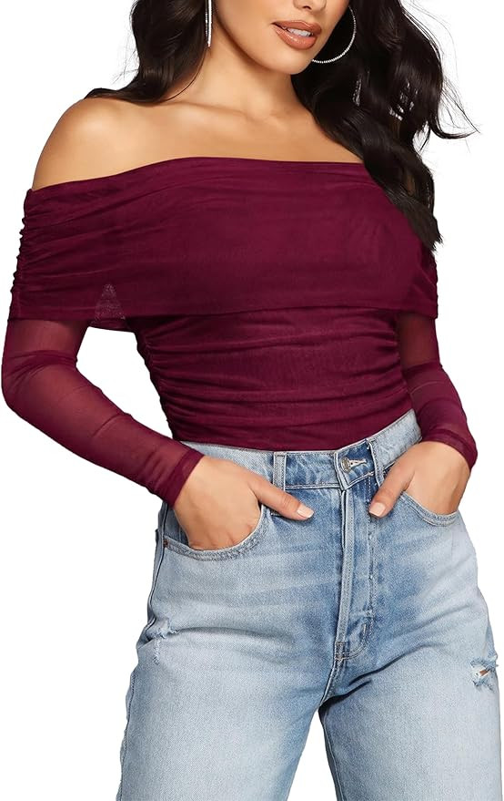 SAUNGKUAI Women's Off The Shoulder Long Sleeve Bodysuit Sexy Slimming Body Suit Tops Sheer Mesh R... | Amazon (US)