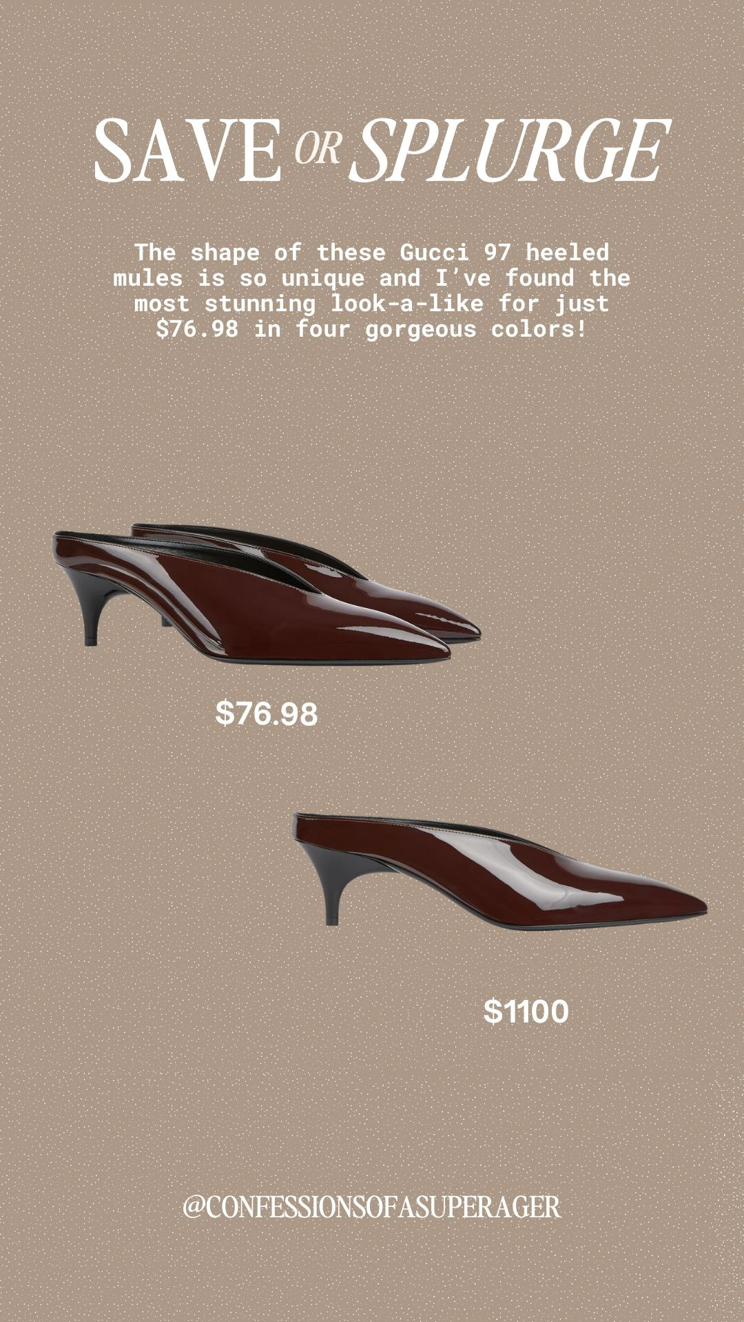 These Gucci 97 heeled mules ($1100) are iconic — but I found the BEST budget-friendly look for under $80 😍 Available in FOUR colors, these chic pointed-toe patent mules give you all the luxury vibes without the price tag.

Shop this designer-inspired Gucci mule dupe now before they sell out! 🖤

#ltkshoecrush #ltksaveandsplurge #ltkfallstyle #ltkunder100 #ltkfashiondeals #guccidupe #fallshoes2025 #ltkover40style 

 #LTKFallSale 

#LTKSaleAlert #LTKShoeCrush