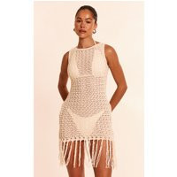 Cream Crochet Boat Neck Tassel Mini Dress | PrettyLittleThing US