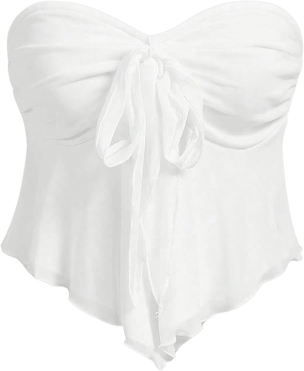 SHENHE Women's Strapless Tie Front Lettuce Trim Asymmetrical Flare Boho Tube Top | Amazon (US)