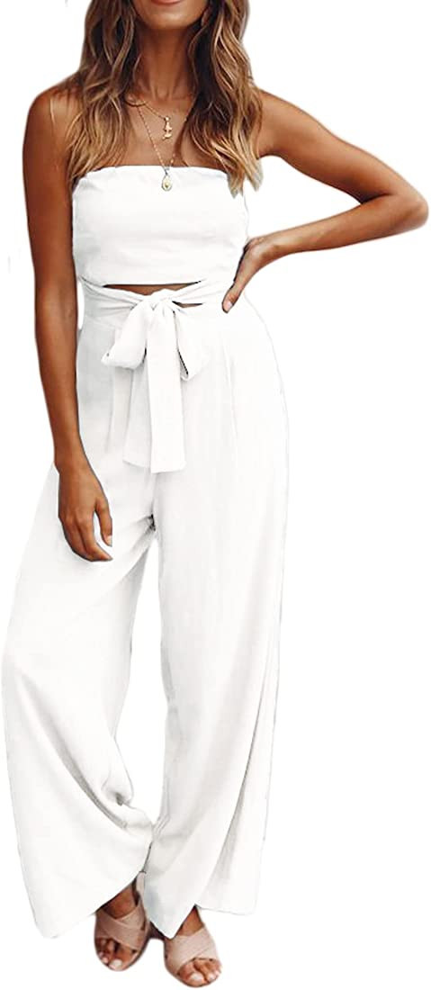 loveimgs Women's Strapless Bandeau Tube Wide Leg Jumpsuit One Piece Cutout Tie Knot Romper Outfit | Amazon (US)