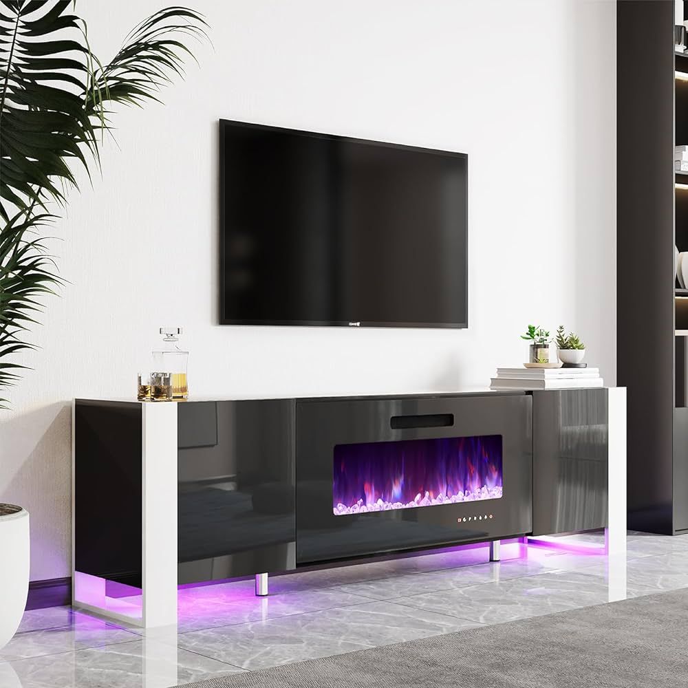 Amazon.com: AMERLIFE Fireplace TV Stand with 36" Fireplace, 70" Modern High Gloss Entertainment C... | Amazon (US)