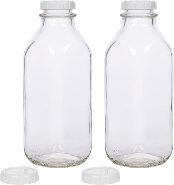 Glass Milk Bottle with Extra Lids - Set of 2 - USA Made 33.8 Oz Jug - Thick Durable Milk Bottle L... | Amazon (US)