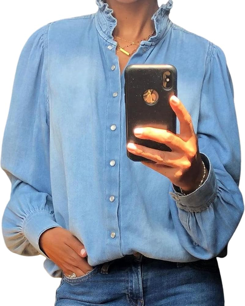Women's Denim Blue Button Down Shirts Loose Ruffled Mock Neck Blouse Casual Puff Long Sleeves Wor... | Amazon (US)