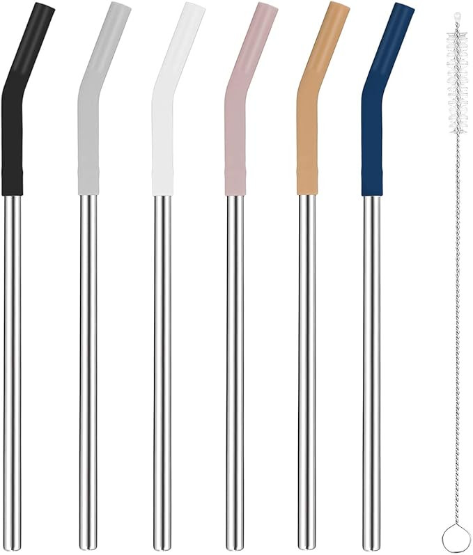 Tronco Set of 6 Stainless Steel Reusable Metal Straws with Silicone Flex Tips Elbows Cover, Metal... | Amazon (US)