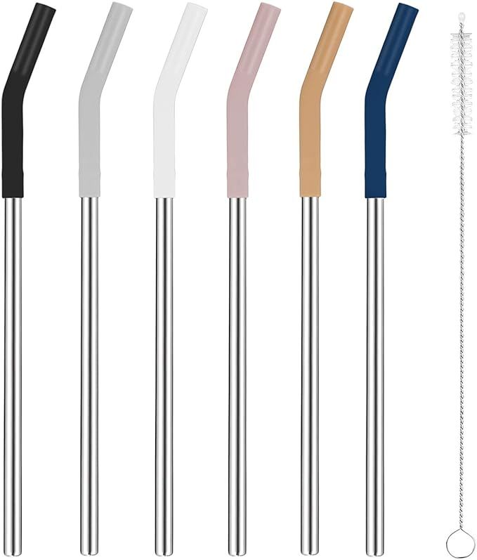 Tronco Set of 6 Stainless Steel Reusable Metal Straws with Silicone Flex Tips Elbows Cover, Metal... | Amazon (US)