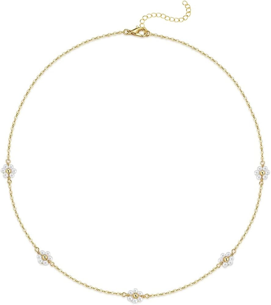 Daisy Flower Choker Necklace 14K Gold Plated Beaded Pearl Choker for Women Jewelry Gifts | Amazon (US)
