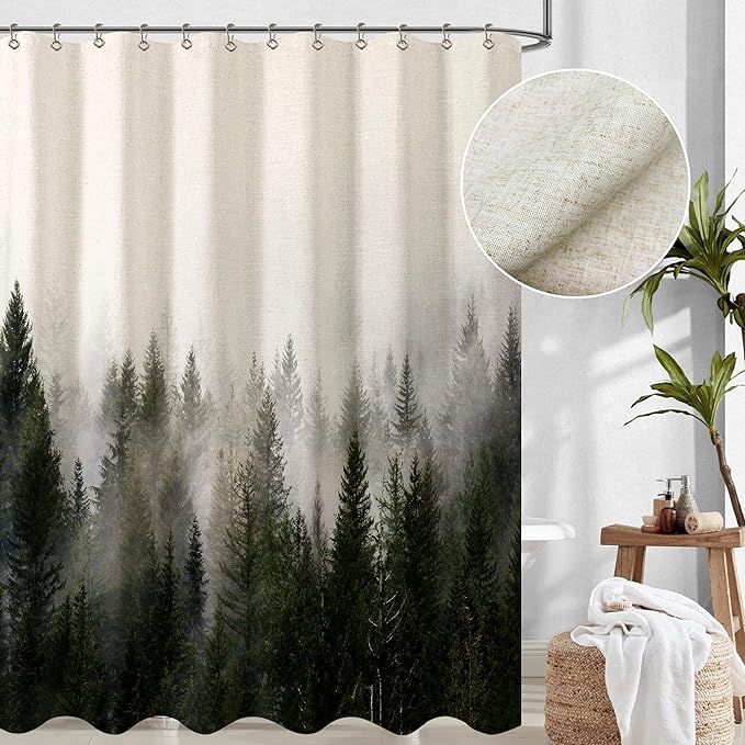 ORTIGIA Linen Style Shower Curtain Set Misty Forest Shower Curtain for Bathroom Nature Tree Textu... | Amazon (US)