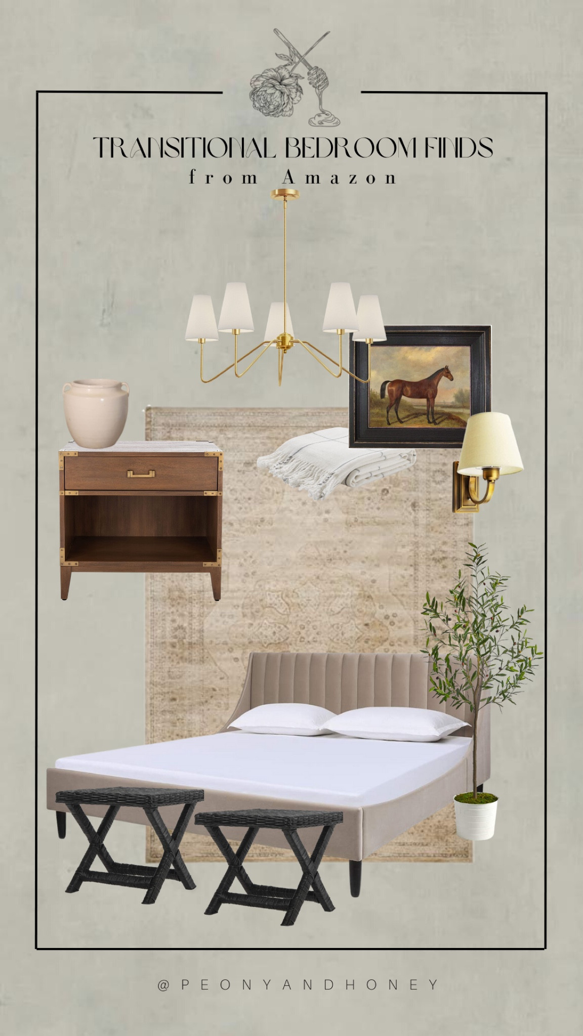 Check out this transitional bedroom design complete with a velvet channeled bed frame, vintage style area rug, campaign style wood nightstand, and more home accents! #competition #homedecor #interiordesign #bedroom #bedroomdesign #bedroomdecor #bedroomfurniture #rugs #sconce #lighting #nightstands #chandelier #bedframe #wallart

#LTKhome #LTKFind