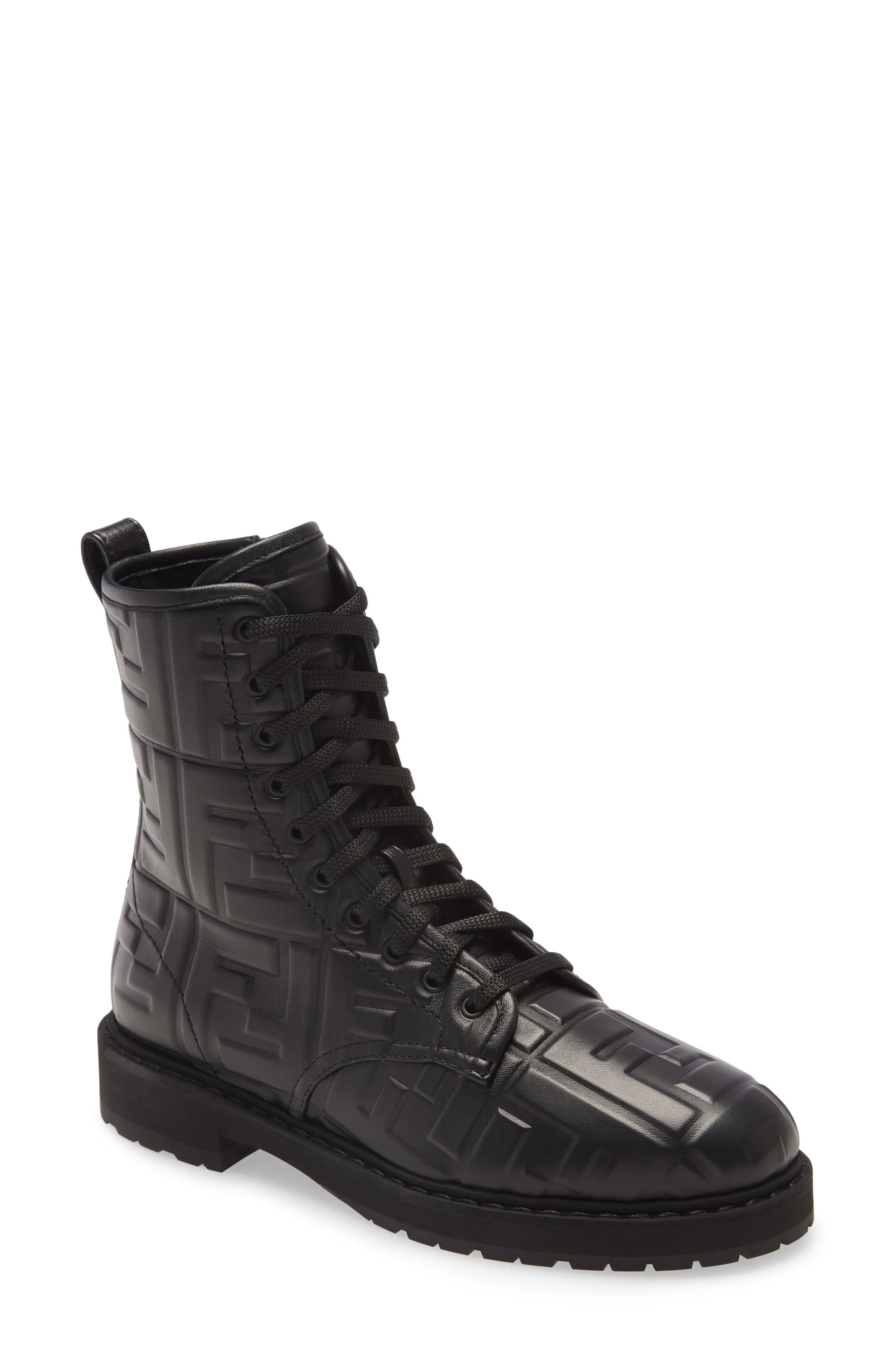 Women's Fendi Ff Embossed Logo Combat Boot, Size 5US - Black | Nordstrom