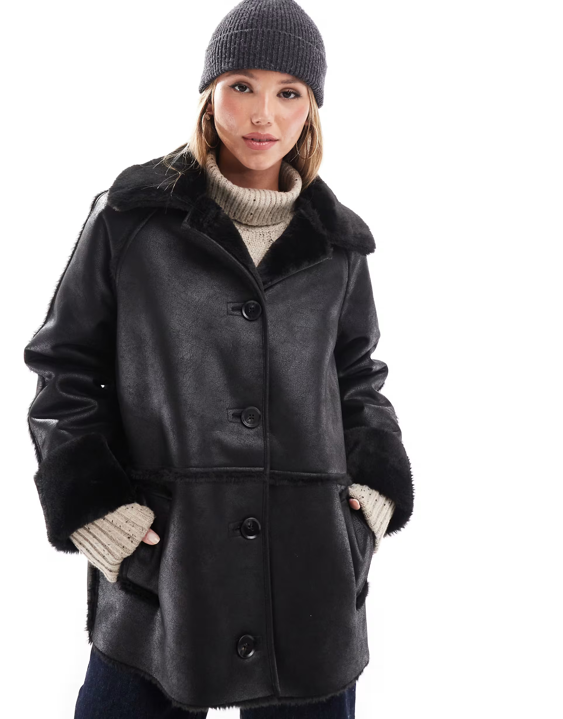 Pretty Lavish oversized aviator coat in black | ASOS (Global)
