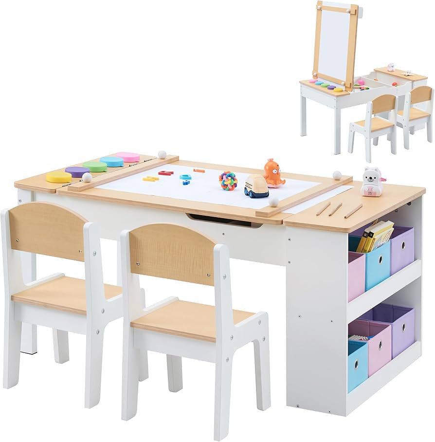 3 in 1 Kids Art Table & Easel Set with 2 Chairs, Wooden Children Activity Table and Chair Set wit... | Amazon (US)