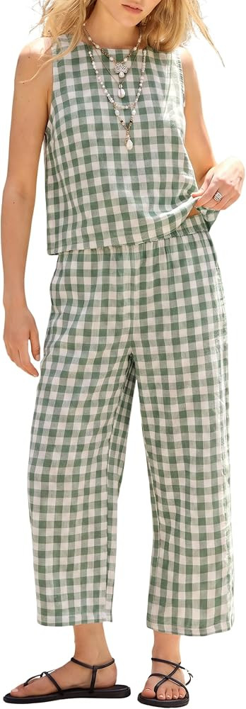 Women's Gingham 2 Piece Tank Top Pants Set | Amazon (US)