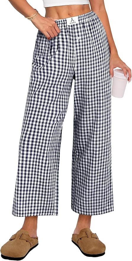 ANRABESS Womens Gingham Striped Pants, Palazzo & Cropped, Comfy & Cute, Lounge Pajama Plaid PJ Bo... | Amazon (US)