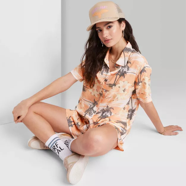 Women's Ascot + Hart Tropical Woven Short Sleeve Graphic Top - Orange | Target