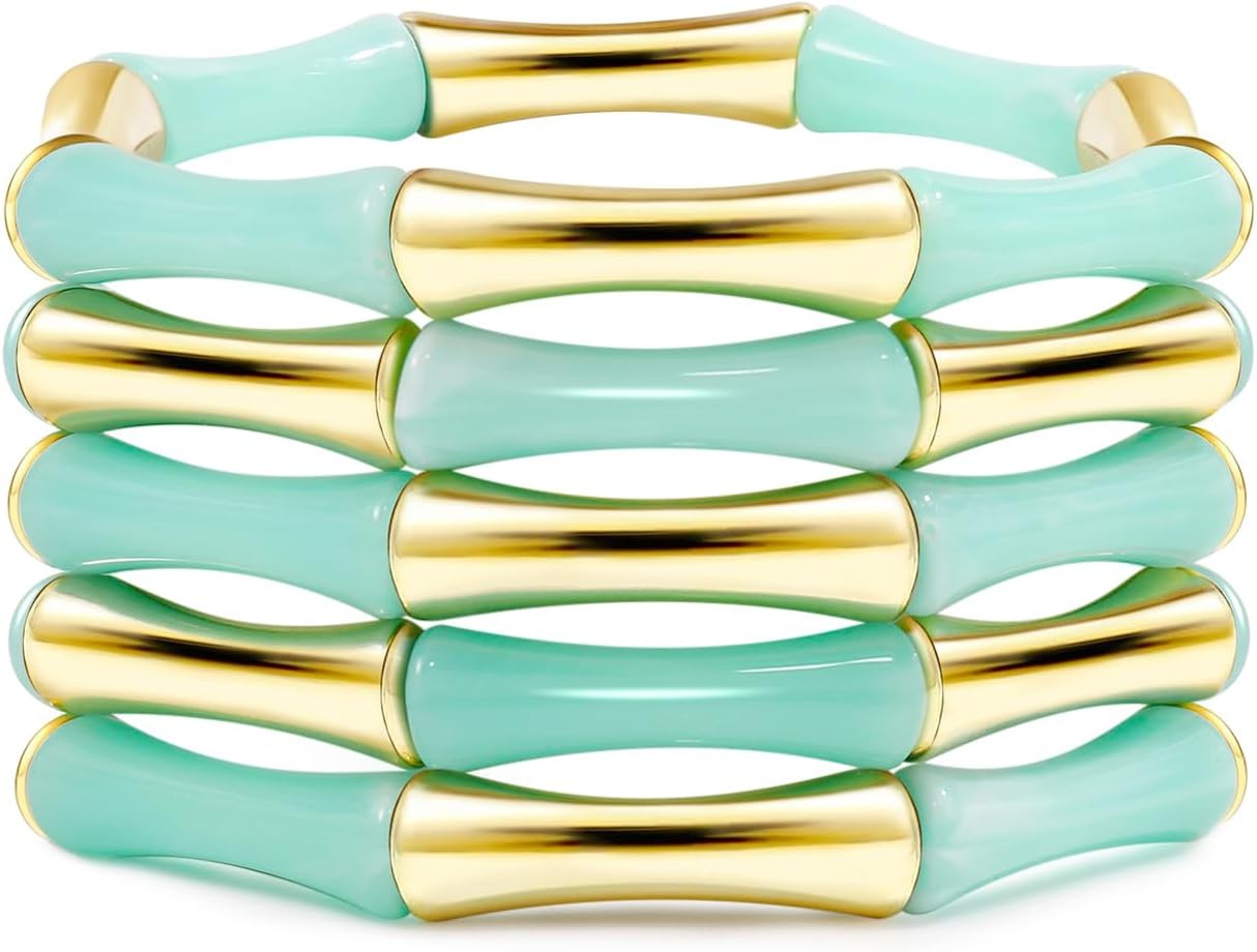 Gold Tube Bangle Bracelets for Women Stackable Bamboo Chunky Acrylic Beads Stretch Friendship Summer Beach Bracelet Jewelry | Amazon (US)