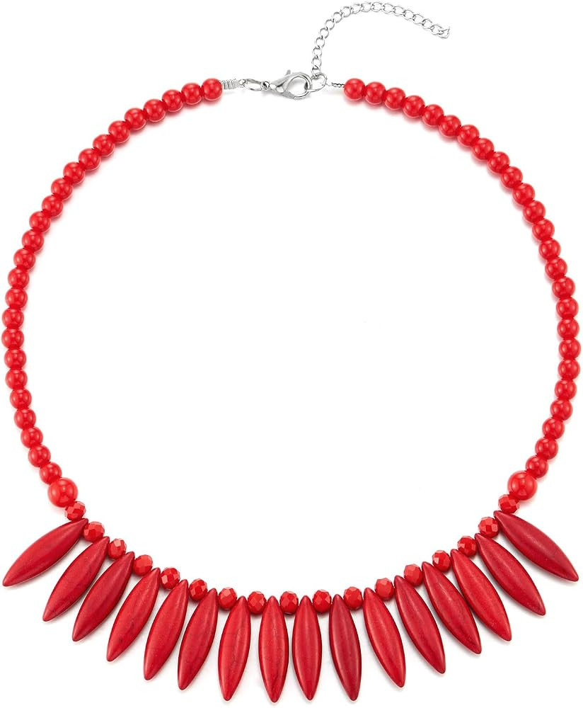 COOLSTEELANDBEYOND Bold Red Beaded Necklace, Spiked Fringe Bib Choker, Choker Collar Statement Ne... | Amazon (US)